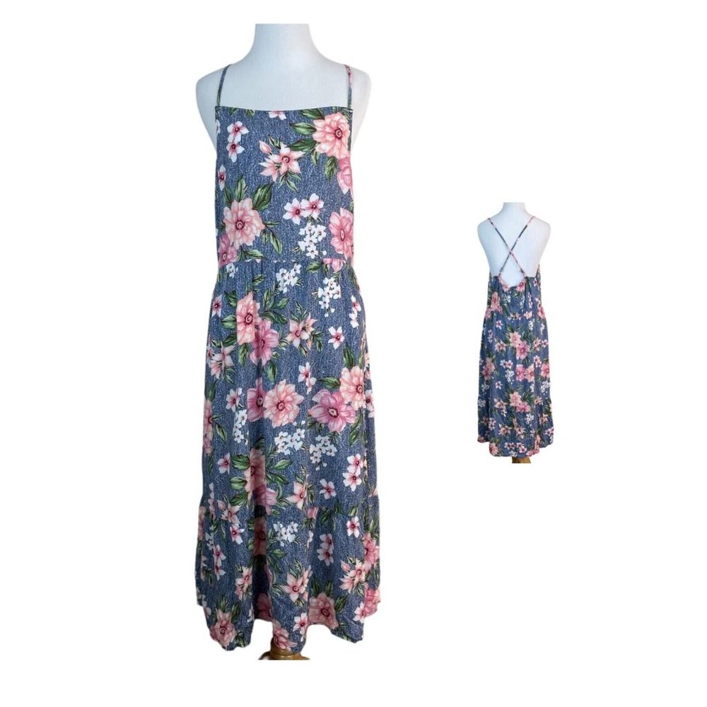 Hiatus Dress Womens XL Blue Pink‎ Floral Midi Strappy Open Back Casual Summer